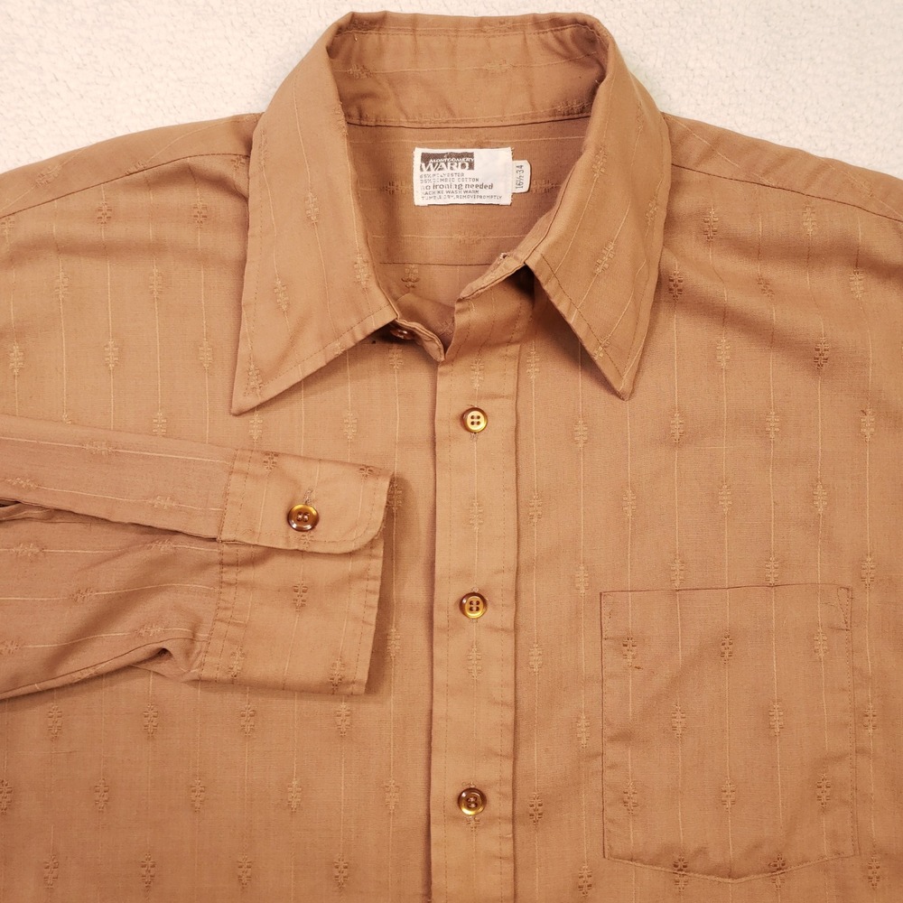 Vintage 70s Montgomery Ward Button Up Shirt Mens 16.5-34 Brown Textured Stripe